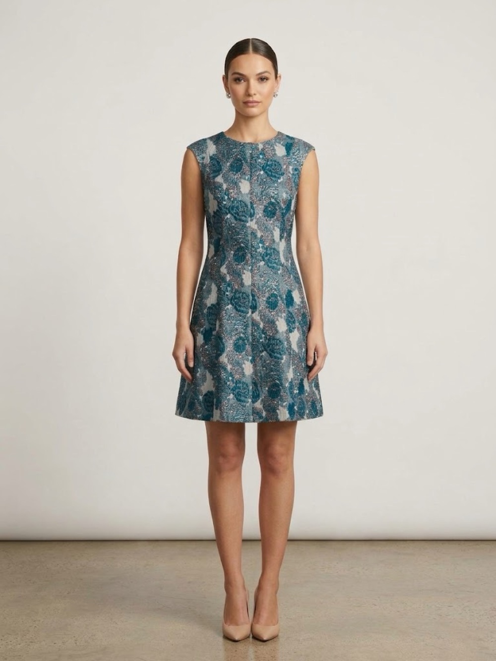 NWT Rickie Freeman Teri Jon Teal Metallic Floral Jacquard Cocktail Dress Size 14